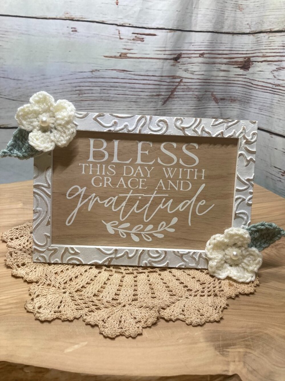 Handmade Crochet Embellished Gratitude Frame Bless This Day Sign Boho Home